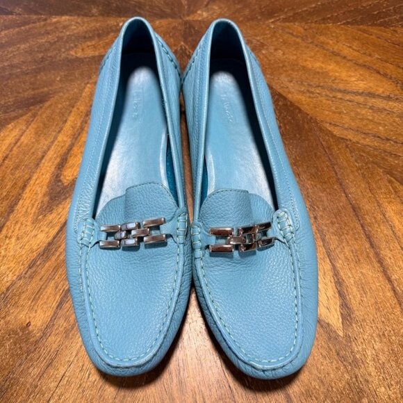 Talbots Blue Leather Slip on Loafers Women 9 B Buckles - Picture 2 of 9